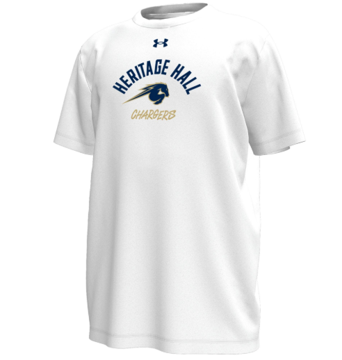 Youth UA tee, white, arch HHall over horse