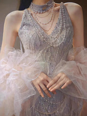 Glittery Sheath V Neck Sleeveless With Cape Tulle Slit Prom Dresses Inspiration Long Night Outfits 18th Birthday Outfits AB2226
