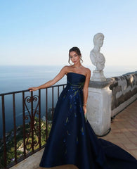 Women's Evening Dresses Strapless Ball Gown Long Formal Gown Navy Blue Wedding Guest Gowns Prom Dress N2344