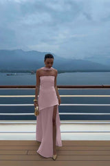White Strapless Satin Chiffon Split Holiday Summer Prom Dress 18th Birthday Outfits AB2396