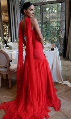 Classy Prom Dresses Inspiration Mermaid Red Tulle Long With Scarf Semi Formal Dance Grad Prom Dress For Teens High Schools AB1987