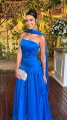 Simple A Line Prom Dress Strapless Evening Dress Royal Blue Prom Dress With Scarf For Teenagers High Schools AB1933