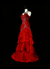 Vintage Mermaid Spaghetti Strap Red With Lace Appliques Beadings Long Prom Gown Party Wear Fashion Dresses N1828