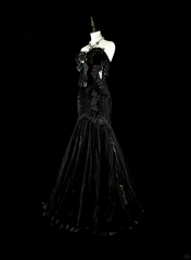Vintage 1980s Mermaid Sweetheart Black Tulle With Appliques Sleeveless Long Prom Formal Dresses N1599