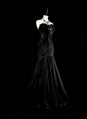 Vintage 1980s Mermaid Sweetheart Black Tulle With Appliques Sleeveless Long Prom Formal Dresses N1599