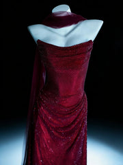 Pretty Prom Dresses Mermaid Strapless Burgundy Sequined With Scarf Long Formal Dress N3046