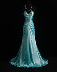 Vintage Mermaid Sweetheart Blue Satin Sleeveless Summer Formal For Women Girls Teens Prom Dresses N2247
