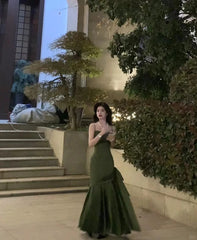 Stunning Mermaid Spaghetti Strap Green Satin With Pleated Formal Dress Long Prom Dresses N2822