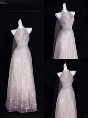 Elegant A Line Halter Blush Pink With Beading Formal Dress Sequin Birthday Prom Dresses N2829