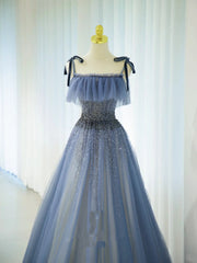 Romantic A Line Spaghetti Strap Dusty Blue Grey With Beading Formal Dress Long Prom Dresses N2856