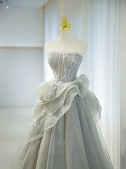 Elegant Ball Gown Strapless Gray With Appliqued Tulle Long Formal Dress Birthday Prom Dresses N2854