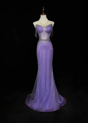 Glitter Prom Dresses Mermaid Sweetheart Lilac Tulle With Beading Backless Long Formal Evening Dress N3888