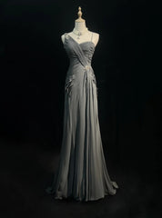 Simple Prom Dresses Mermaid Spaghetti Strap Grey Chiffon Floor Length Ruffled Formal Evening Dress N3685