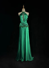 Vintage Prom Dresses A Line Halter Green Satin 80s With Beading Long Formal Evening Outfits N3904