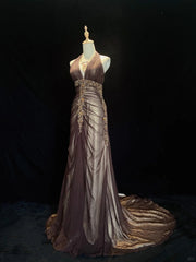 Vintage Prom Dresses Inspo Mermaid V Neck Brown Satin Long 1990s With Beading Formal Gowns N3352