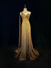 Vintage Mermaid 2000s One Shoulder Gold Sequin Formal Dress Long Sparkly Prom Dresses N2574