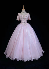 Princess Prom Dresses Ball Gown Scoop Pink Tulle Half Sleeves Evening Long Quince Dress N3285