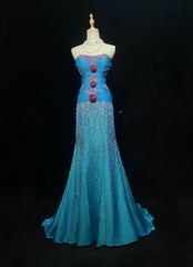 Beautiful Prom Dresses Mermaid Strapless Blue With Beaded Long Formal Gown N2928
