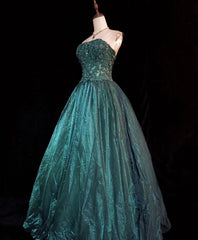 Modest Prom Dresses Ball Gown Strapless Dark Green With Lace Appliqued Long Evening Outfits N3451