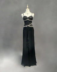 Modest Prom Dresses Mermaid Spaghetti Strap Black Tie Chiffon With Beading Formal Evening Dress N3857