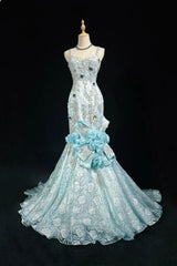 Beautiful Prom Dresses Mermaid Spaghetti Strap Light Blue With Flowers Beading Long Evening Outfits N3319