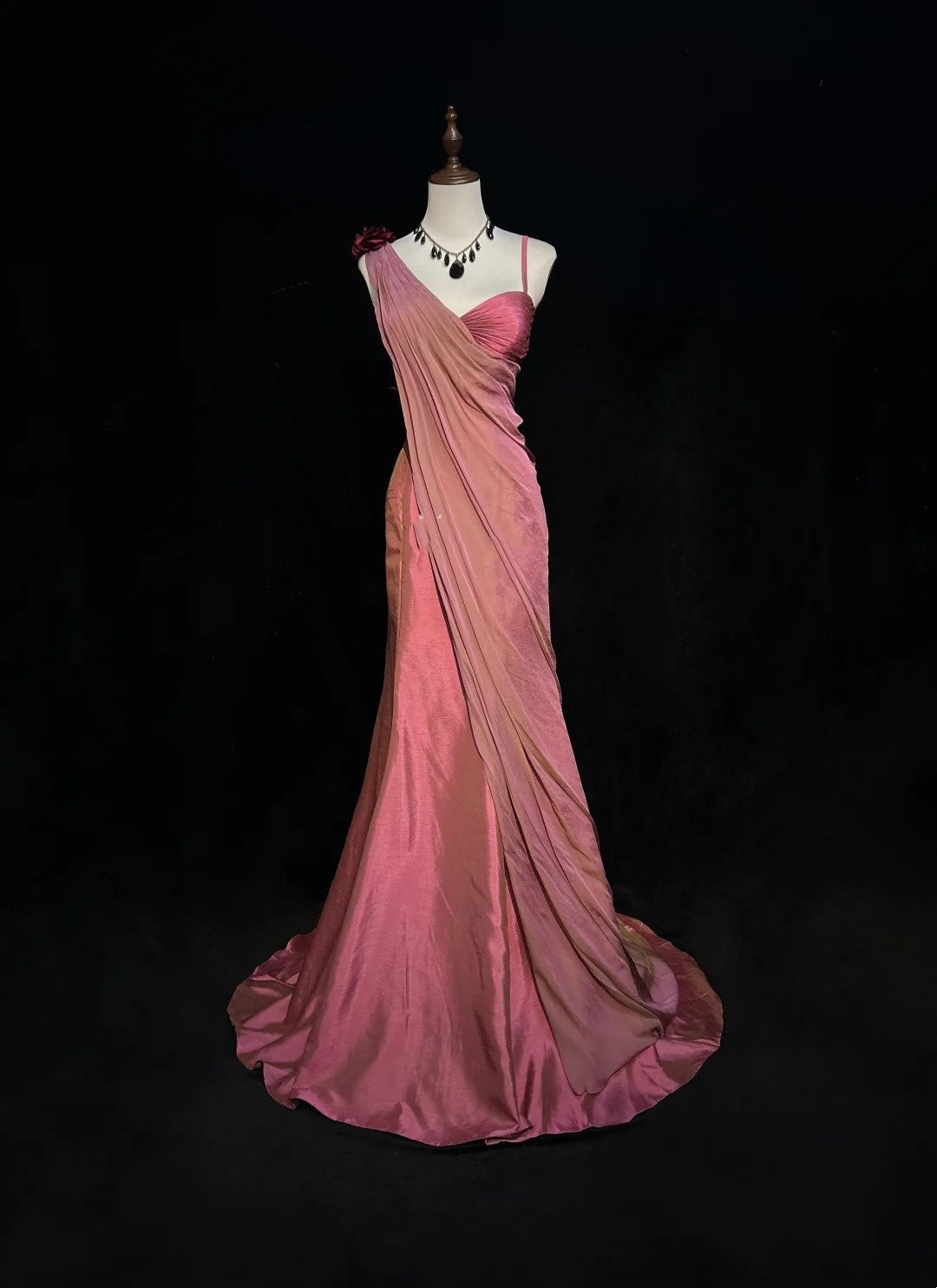 Vintage Prom Dresses 1960s Mermaid Asymmetrical Shoulder Straps Chiffon Pink With Ruffled Long Prom Gown N3095