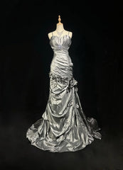 Beautiful Prom Dresses Mermaid Spaghetti Strap Silver Gray With Flowers Long Formal Evening Outfits N3684