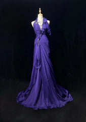 Vintage Prom Dresses 1960s Mermaid V Neck Purple Chiffon With Ruffled Long Prom Gown N3110