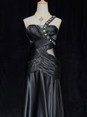 Vintage Prom Dresses 80s Mermaid One Shoulder Black Tie Dress With Beading Semi Formal Evening Outfits N3636