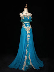 Vintage Prom Dresses Spaghetti Strap A Line Blue Chiffon With Gold Lace Long Formal Evening Outfits N3864
