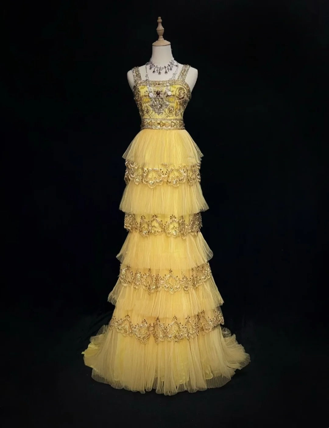 Vintage Prom Aesthetic Dresses A line Square Neck Yellow Tiered Layers With Beading Long Formal Dress N3060