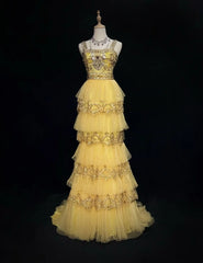 Vintage Prom Aesthetic Dresses A line Square Neck Yellow Tiered Layers With Beading Long Formal Dress N3060
