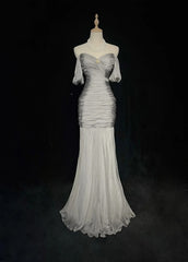 Modest Prom Dresses Mermaid Off The Shoulder Gray Chiffon With Sleeves Formal Evening Dress N3847