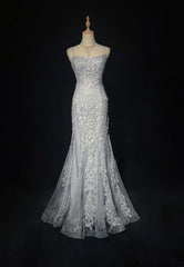 Dreamy 90s Prom Dresses Mermaid Spaghetti Strap Grey With Lace Formal Evening Outfits N3829