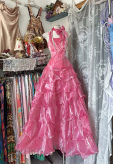 Classy Prom Dresses Ball Gown Halter Pink Organza With Layers Long Formal Evening Outfits N3724