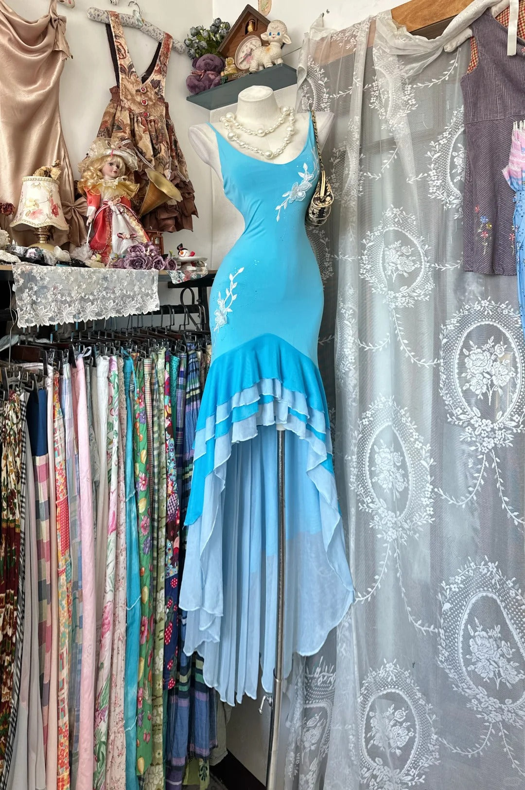 Vintage Mermaid Blue Spaghetti Strap Chiffon Sleeveless Formal For Women Girls Teens Prom Dresses N2250
