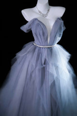 Modest Prom Dresses Ball Gown Off The Shoulder Dusty Blue Tulle With Sleeves Long Quince Dress N2970