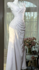 Modest Prom Dresses Mermaid Spaghetti Strap White Chiffon With Beading Floor Length Evening Outfits N3529