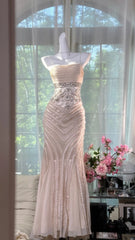 Modest Prom Dresses Mermaid Spaghetti Strap Pink Chiffon With Beading Sleeveless Evening Outfits N3577