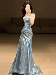 Light Blue Strapless Pleated Prom Dresses Evening Formal Gown Semi Formal Grad Long Prom Dress For Teens AB1993
