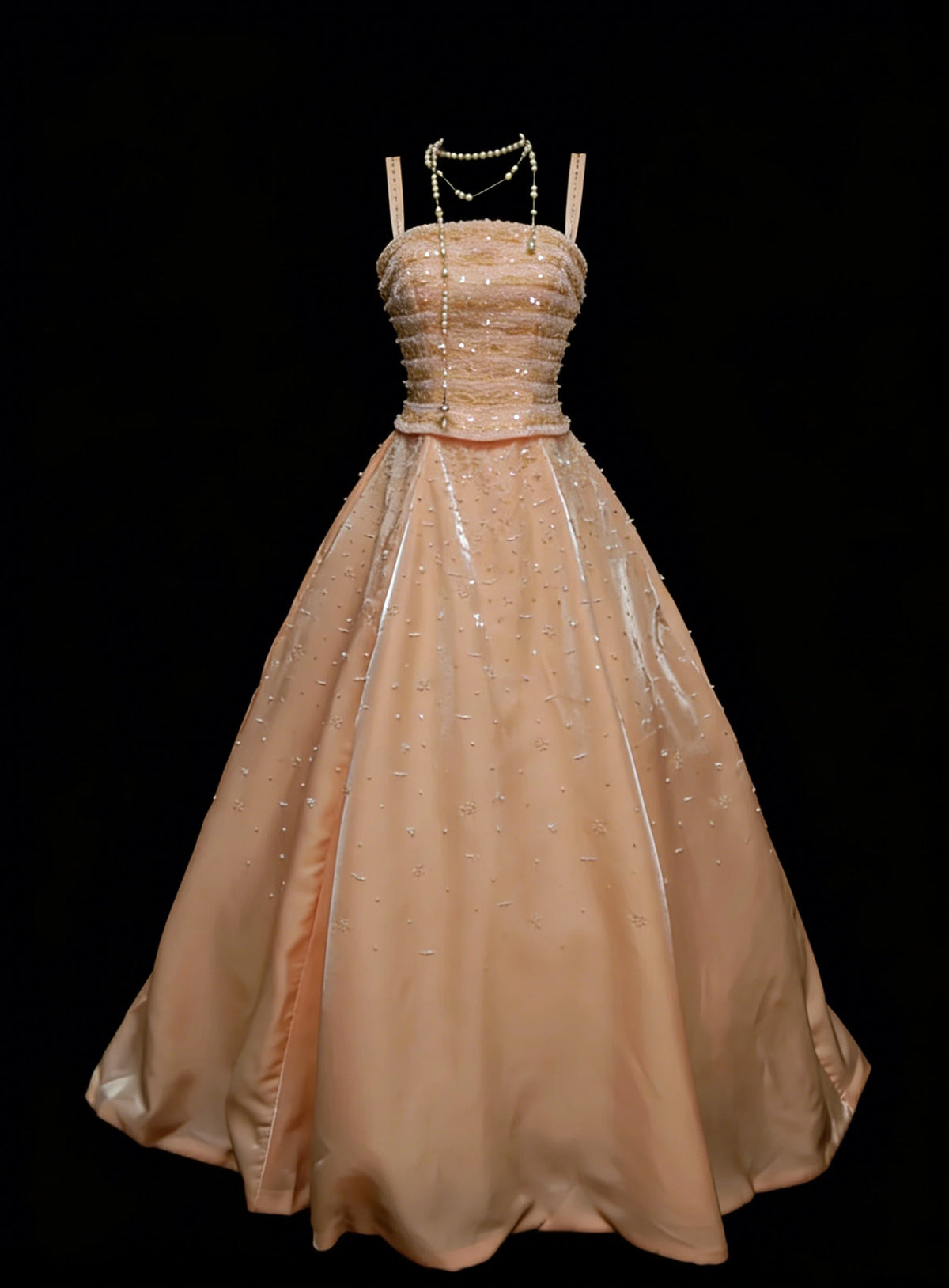 Cute Ball Gown Straps Blush Pink Satin With Beadings Long Party Gowns Prom Dresses N2124