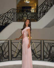 Vintage A line One Shoulder Pink Chiffon Slit With Beading Formal Dress Long Prom Dresses N2749