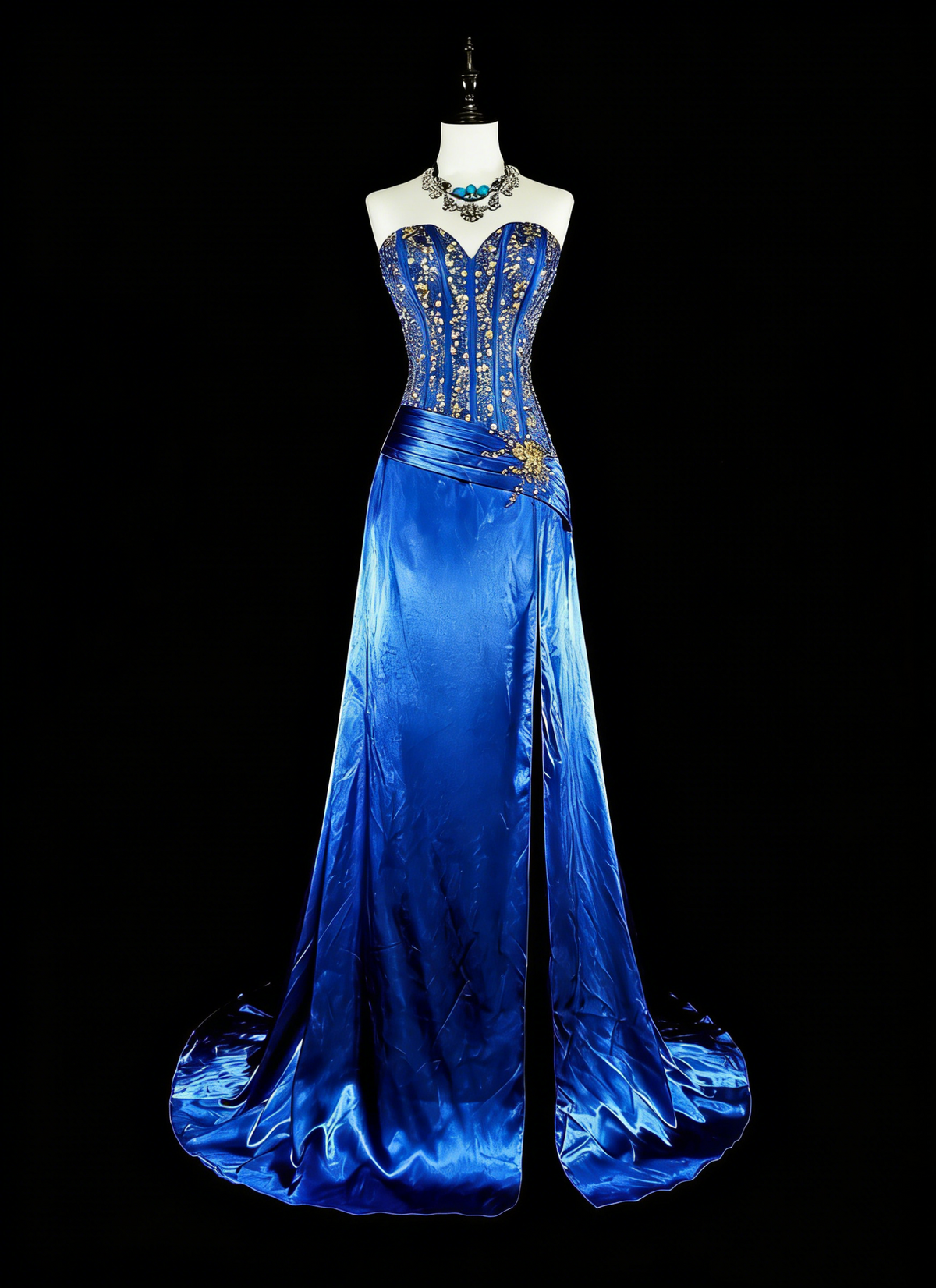 Vintage A line Sweetheart Royal Blue 70s Satin With Beadings Long Prom Gown Party Wear Dresses N1831