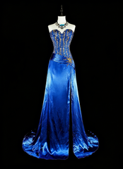 Vintage A line Sweetheart Royal Blue 70s Satin With Beadings Long Prom Gown Party Wear Dresses N1831
