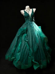 Modest Prom Dresses Ball Gown V Neck Dark Green Tulle With Appliqued Long Quince Dress N3057
