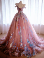 Cute Ball Gown Spaghetti Straps Pink Satin With Appliqued Long Party Gowns Prom Dresses N3039