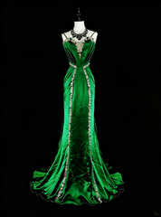 Vintage Mermaid Spaghetti Straps Green Satin Backless Long Gowns Formal 18th Birthday Party Prom Dresses N1750