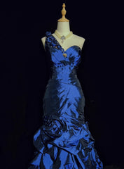 Vintage Prom Dresses Inspo Mermaid 90s One Shoulder Navy Blue With Ruffled For Women Formal Dress N3267
