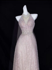 Elegant A Line Halter Blush Pink With Beading Formal Dress Sequin Birthday Prom Dresses N2829