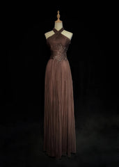 Vintage Prom Dresses Inspo A Line Halter Chocolate Chiffon Long 1990s With Beading Formal Gowns N3339
